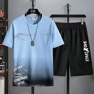 청소년 빠른 건조 반바지 남성용 정장 여름 반바지 세트 캐주얼 얇은 학생 반팔 2 피스 세트 Tracksuits 남성 의류