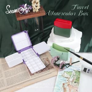 SeamiArt 1pc 휴대용 여행 수채화 플라스틱 그림 상자 팔레트 하프 팬 미니 페인트 보관 케이스 미술 용품