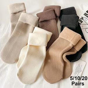 5켤레 여성용 스노우 양말, 가을 겨울용 퍼지 두꺼운 따뜻한 수면용 스타킹, 여성용 단색 양말