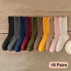 10 쌍 레트로 여성 코튼 느슨한 양말 가을 겨울 뜨개질 솔리드 컬러 롱 블랙 핑크 한국어 일본 학생 소녀