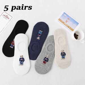 남성용 만화 곰 양말 미끄럼 방지 투명 실리콘 코튼 발목 슬리퍼, 패션 여름 가을, 5 쌍, 1 세트