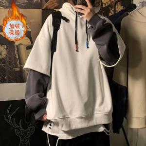 남성용 겨울 라운드 넥 긴팔 스웨터, 하이 스트리트 캐주얼 루즈 풀오버, 가짜 2 피스 두꺼운 드로스트링 후디, 패션