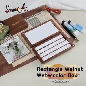 SeamiArt 1pc 검은 호두 나무 직사각형 그림 상자 팔레트 하프 팬 수채화 하위 패키지 스토리지 미술 용품