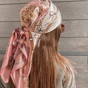 90*90cm 스퀘어 실크 스카프 여성 Hijab Shawls 패션 프린트 스카프 Femme 헤드 스카프 Foulard Bandana Beach Pareo