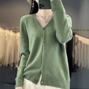 100% 메리노 울 스웨터 가을 겨울 여성 새로운 오-넥 솔리드 니트 카디건 캐주얼 캐시미어 니트 긴 소매 소프트 탑