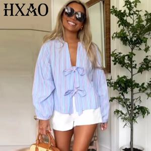HXAO 여성용 보우 스트라이프 셔츠 봄 여성 2025 나비 레이스 업 셔츠 & 블라우스 오버 사이즈 긴 소매 블라우스 캐주얼 블라우스