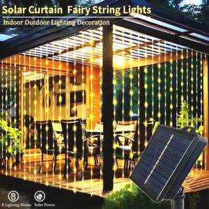 300개의 LED 태양광 커튼 조명 야외 요정 가랜드 스트링 라이트 8가지 모드 웨딩 파티 정원 장식 크리스마스 휴일 조명