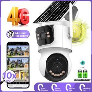 4G SIM 태양광 카메라 24/7 녹화 야외 3 화면 AOV 10X 줌 카메라 내장 배터리 보안 자동 추적 카메라 iCSee