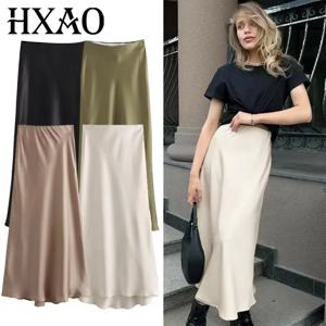 HXAO 여성 새틴 롱 스커트 블랙 화이트 그린 카키 스커트 여름 우아한 여성 스커트 럭셔리 부드러운 하이 웨이스트 스커트 066