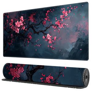 Night Cherry Blossom 게이밍 마우스 패드, 세탁 가능한 고무 확장 데스크 패드, 2mm 잠금 장치 대형 미끄럼 방지 베이스, 일본식 워