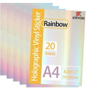 KRYON A4 20 매 레인보우 크기: 8.3x11.7 인치 210x297mm 홀로그램 스티커 용지 반짝이 투명 콜드 라미네이팅 필름