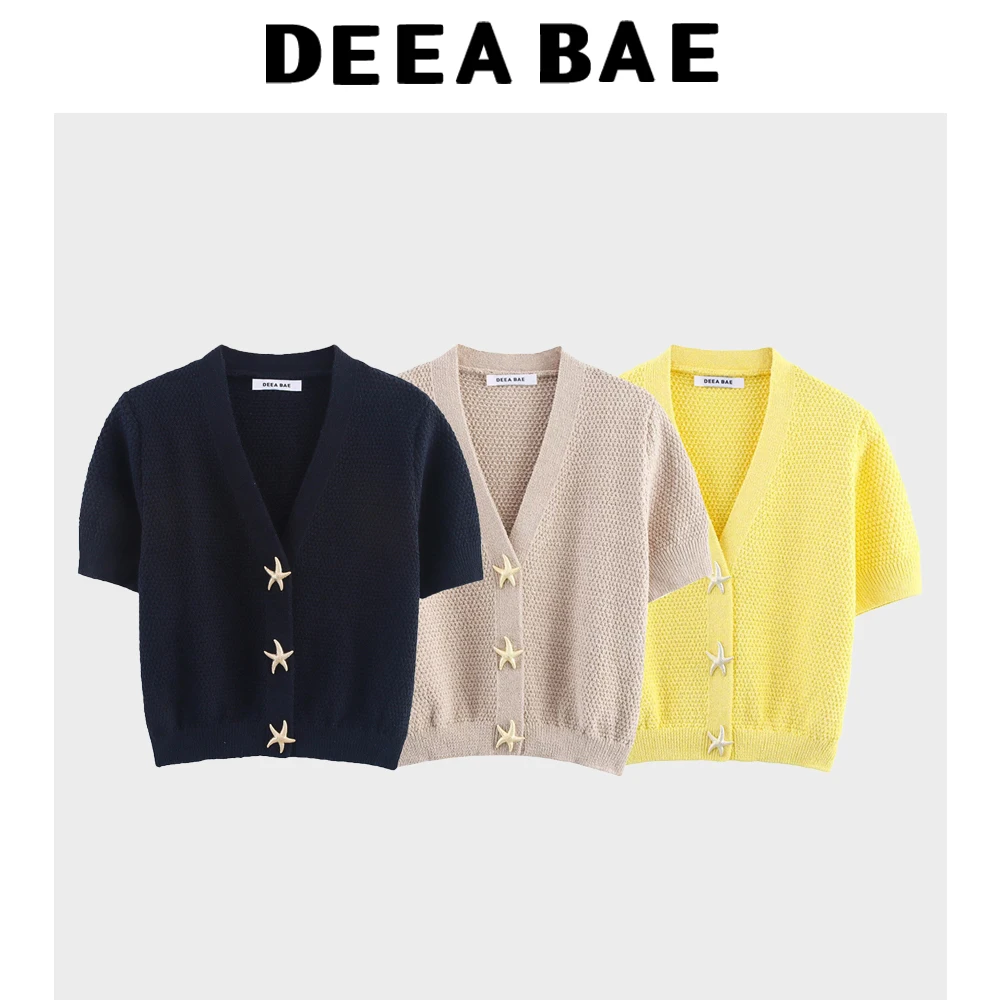 DEEABAE 2025 여름 신작 여성 의류 일본식 단순 달콤한 다목적 v 넥 솔리드 컬러 니트 카디건 탑