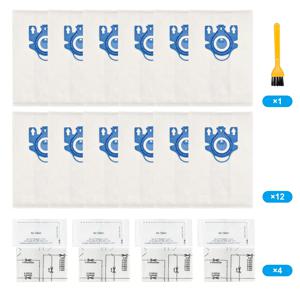 12개 백 + 4개 필터 + 1개 브러쉬 3D 공기 정화 먼지 봉투: Miele Classic C1, C2, S8, S5, S2, S600 C3 후버 백 전체 세트