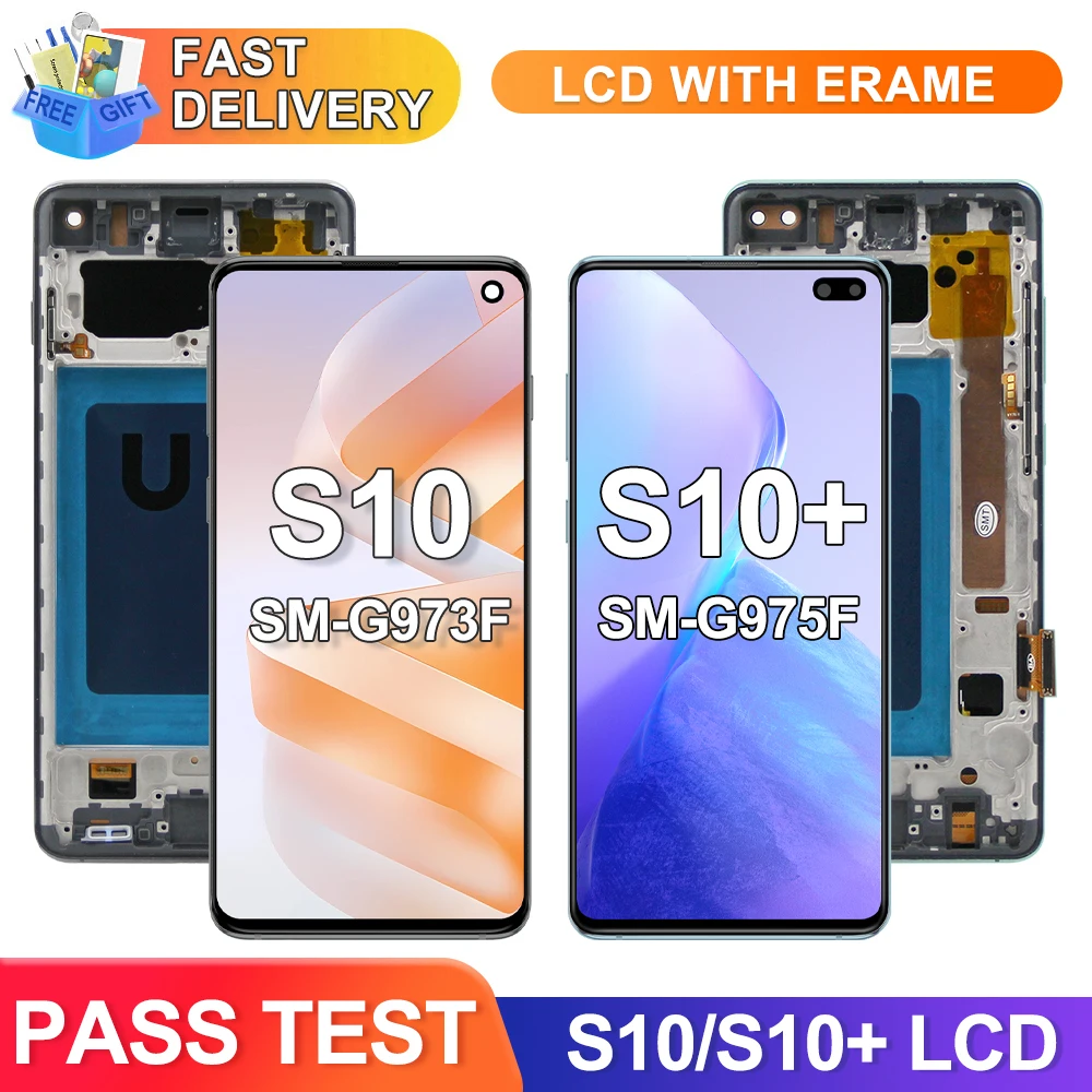 삼성 갤럭시 S10 플러스 S10 + G975 G975F Lcd 디스플레이 디지털 터치 스크린 삼성 갤럭시 S10 G973F 어셈블리 용 프레임 포함