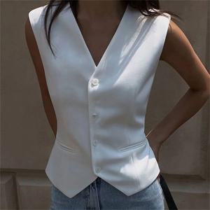 여성 패션 민소매 정장 조끼 솔리드 싱글 브레스트 V 넥 탑 우아한 Office 레이디 의류 슬림 캐주얼 스트리트 카디건