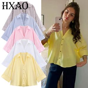 HXAO 여성 셔츠 오버 사이즈 블라우스 여름 셔츠 & 블라우스 옐로우 핑크 화이트 스트라이프 셔츠 우아한 대형 긴 소매 셔츠
