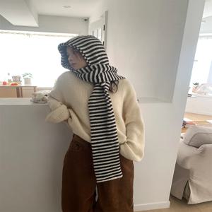 따뜻한 스트라이프 모자 스카프 일체형 넥 워머 여성용 자전거 타기 겨울 패션 한국 스타일 방풍 스카프 모자 콤보