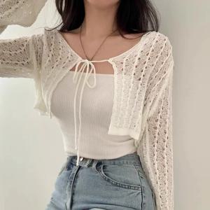 여성 넥타이 프론트 크롭 카디건 쉬어 오픈 워크 크로 셰 뜨개질 니트 탑 경량 볼레로 스웨터 여름 Fairycore Boho Chic Beach Outfit