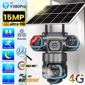 3렌즈 4G 태양광 카메라 HD 15MP 8K 야외 PTZ 방수 야간 투시 양방향 오디오 V380 카메라 모바일 추적 CCTV IP 카메라