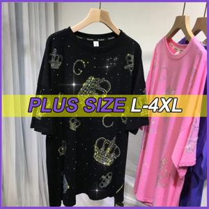 플러스 사이즈 티셔츠 유럽 탑 3XL 4XL 여름 새로운 패션 느슨한 라인 석 다이아몬드 크라운 철 다이아몬드 여성 반팔 티셔츠