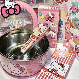 Kawaii Sanrio 헬로 키티 스테인레스 스틸 라면 그릇 뚜껑 포함 대용량 도시락 상자 내열성 쌀 수프 그릇 식기