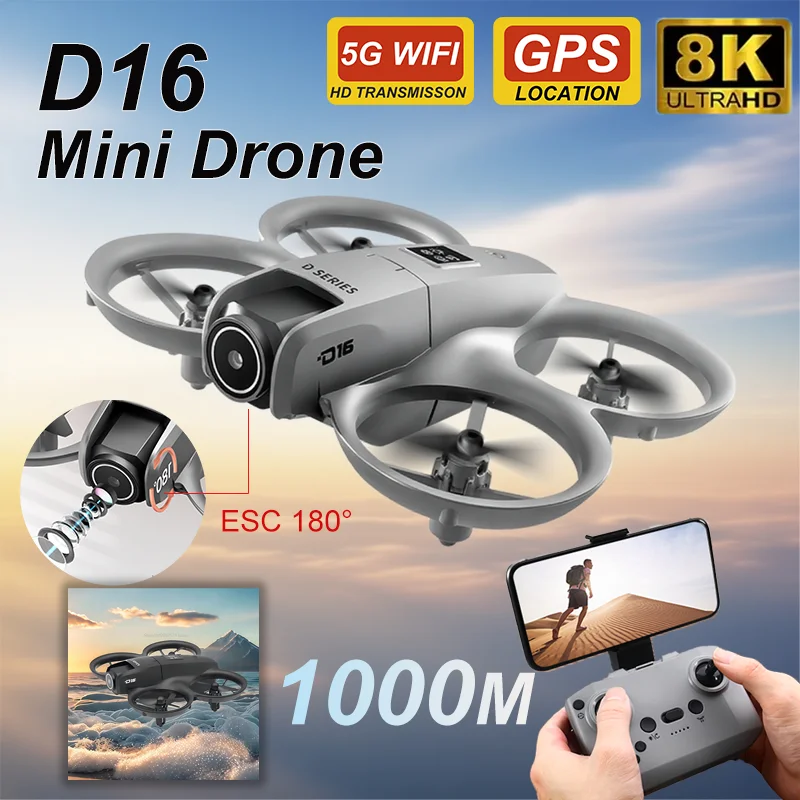 새로운 D16 미니 드론 8K 듀얼 카메라 장애물 회피 광학 흐름 180 °   렌즈 Wifi FPV 조절 가능한 어린이 및 성인용 항공 쿼드콥터