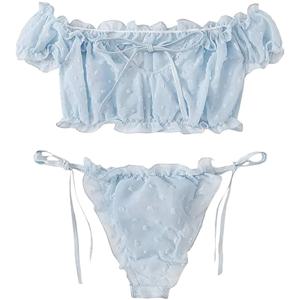 2PCS 오프 숄더 레이스 업 비키니 세트 여성 달콤한 캐주얼 반소매 수영복 비치웨어 수영복 섹시한 란제리