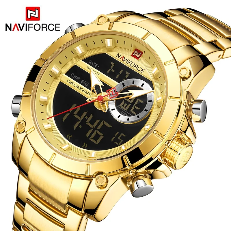 NAVIFORCE 9163 남성용 럭셔리 오리지널 스포츠 손목 시계 석영 스틸 방수 듀얼 디스플레이 밀리터리 시계 Relogio Masculino