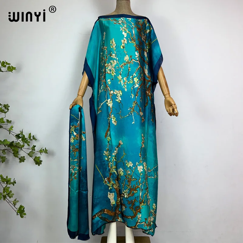 WINYI 비치 아프리카 여름 kaftan 벨트 여성 boho 인쇄 Caftan 우아한 휴일 여름 맥시 실크 느낌 보헤미안 파티 드레스