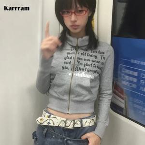 Karrram 일본 Y2k 크롭 재킷, 빈티지 하라주쿠 숏 코트, 미국 레트로 레터 프린트 지퍼, 맨투맨 그런지 아우터