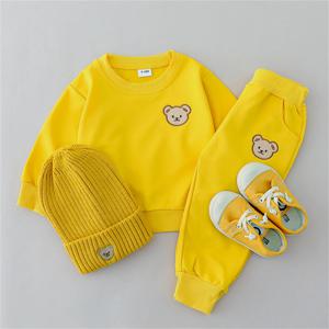 2PCS 어린이 세트 봄과 가을 간단한 작은 곰 머리 라운드 넥 긴 소매 바지