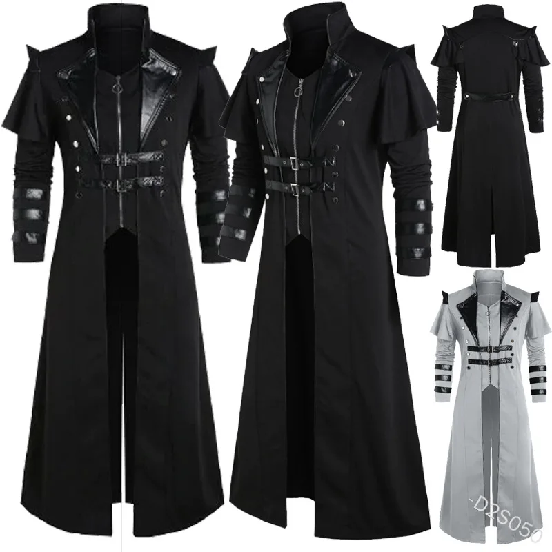 빈티지 중세 롱 트렌치 코트 고딕 더블 브레스트 자켓 남자 Steampunk 오버코트 빅토리아 코스프레 Tailcoat