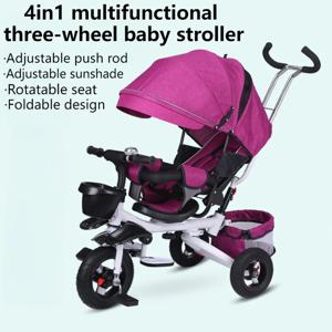 4 in 1 접이식 어린이 Trike 앉아서 누워있는 유아용 유모차(대형 캐노피 세발자전거 포함) 듀얼 브레이크 3단 조절식 등받이 휴대용