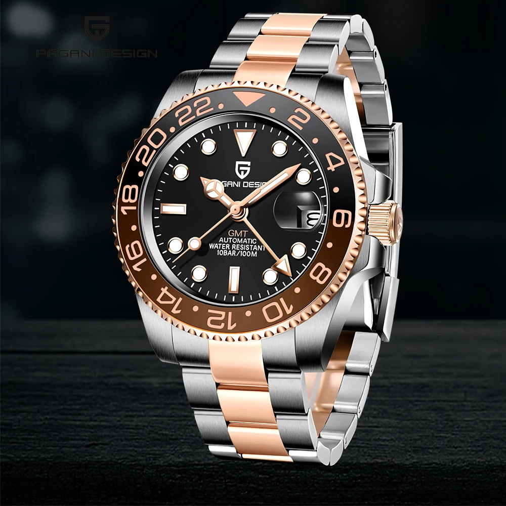 PAGANI DESIGN 40mm NH34 완전 자동 기계식 시계 남성용 럭셔리 사파이어 40mm 세라믹 GMT 시계 100M 방수
