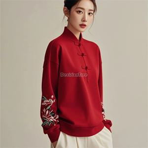 심플한 빈티지 문학 예술 탱 세트 탑, 중국 스타일, 따뜻하고 두꺼운 후드, 우아한 자수 여성 탑, 가을 겨울, 2025