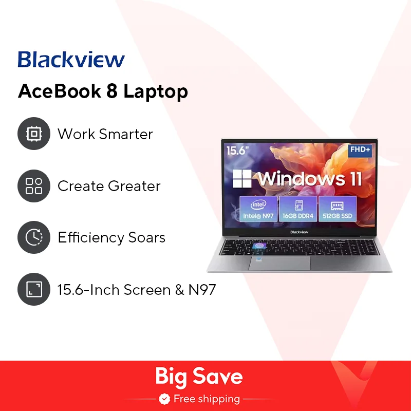 Blackview AceBook 8 노트북 15.6 인치, 12 세대 인텔 알더 레이크 N97, 16GB RAM, 512GB SSD, 최대 1TB 윈도우 11 홈 15.6 확장