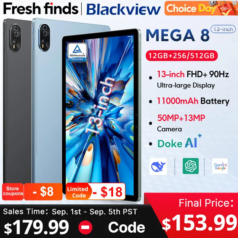 【세계 최초 공개】Blackview MEGA 8 태블릿 13인치 FHD+ 90Hz 디스플레이 11000mAh AI 안드로이드 15 50MP 카메라 4박스 스피커 4G 패드 PC