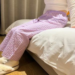 여름 얇은 그리드 팬츠 여성용 루즈 스트레이트 레그 캐주얼 바지 편안한 홈 슬립웨어 통기성 워킹 팬츠