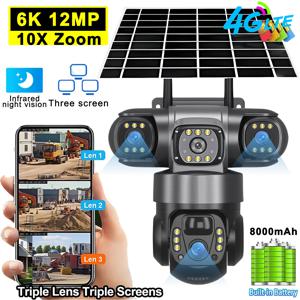 V380 PRO 3 렌즈 4G 태양열 카메라 HD 12MP 6K 야외 CCTV 방수 야간 투시경 양방향 오디오 카메라 모바일 추적 IP 카메라