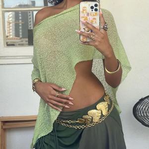 여름 불규칙한 니트 커버 업 크롭 탑 Y2k 미적 빈티지 스모크 티셔츠 Boho Beach Vacation Going Out Pullovers Tees