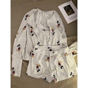 3Pcs 여성 잠옷 세트 귀여운 미키 마우스 잠옷 여름 가을 만화 홈 의류 Nightshirt 세트