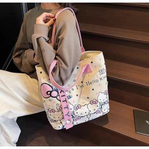 MINISO 헬로 키티 숙녀 캔버스 가방 만화 휴대용 어깨 가방 일본 경량 대용량 쇼핑 여행 가방 선물
