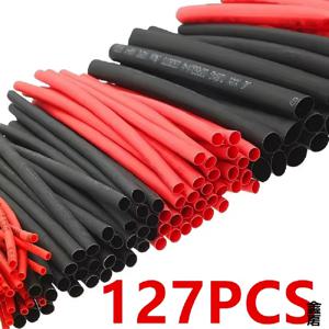 127PCS 검정색 빨간색 열 수축 튜브 2:1 구색 폴리올레핀 튜브 자동차 케이블 슬리브 랩 와이어 키트