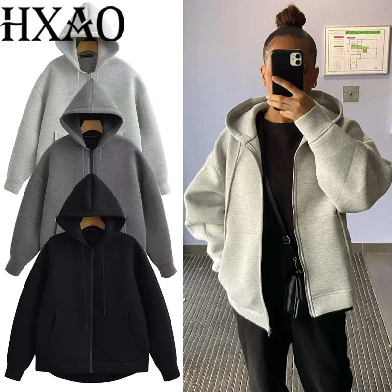 HXAO 후드 여성 겉옷 긴 소매 데미 시즌 여성 자켓 코트 지퍼가 달린 캐주얼 운동복 그레이 블랙 자켓 코트