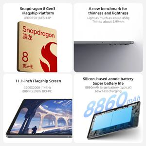 레노버 샤오신 패드 프로 GT 2025 11.1인치 태블릿 128/256GB 스냅드래곤 8 3세대 144Hz 3.2K LCD 디스플레이 13MP 카메라 68W 충전 8860mAh