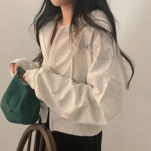 다용도 후드 더블 지퍼 디자인 루즈 캐주얼 긴 소매 짧은 스웨트셔츠 재킷 하이 칼라 출퇴근 스타일 솔리드 컬러 코튼