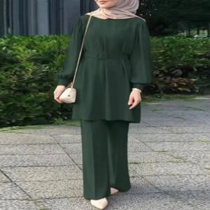 아랍 여성 Eid 이슬람 두 조각 세트 레이스 업 블라우스 & 바지 Musulman 앙상블 벨트 매칭 세트 버튼 셔츠 Femme Abaya Ramadan