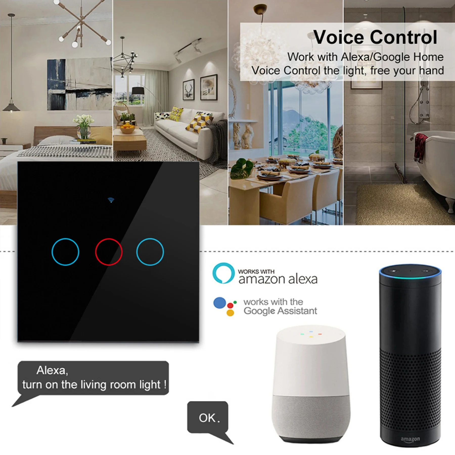 WiFi 스마트 스위치 EU 라이트 벽 터치 스위치 220V 중립 와이어 필요 없음 Tuya 스마트 라이프 Alexa Google 홈 1/2/3Gang과 함께 작동