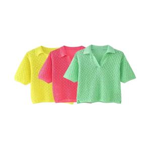 TRZA 여성 패션 Pointelle 니트 루즈 한 스웨터 폴로 칼라 반팔 여성 풀오버 Chic Tops