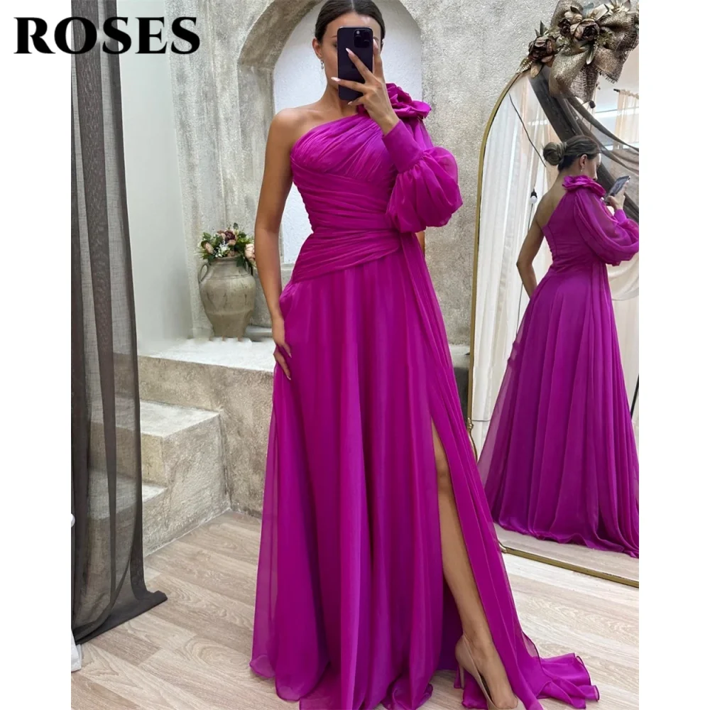 ROSES Fuchsia 여성용 우아한 원 숄더 무도회 원피스, 쉬폰 3D 플라워 비치 웨딩 드레스, 섹시한 사이드 스플릿 이브닝 가운